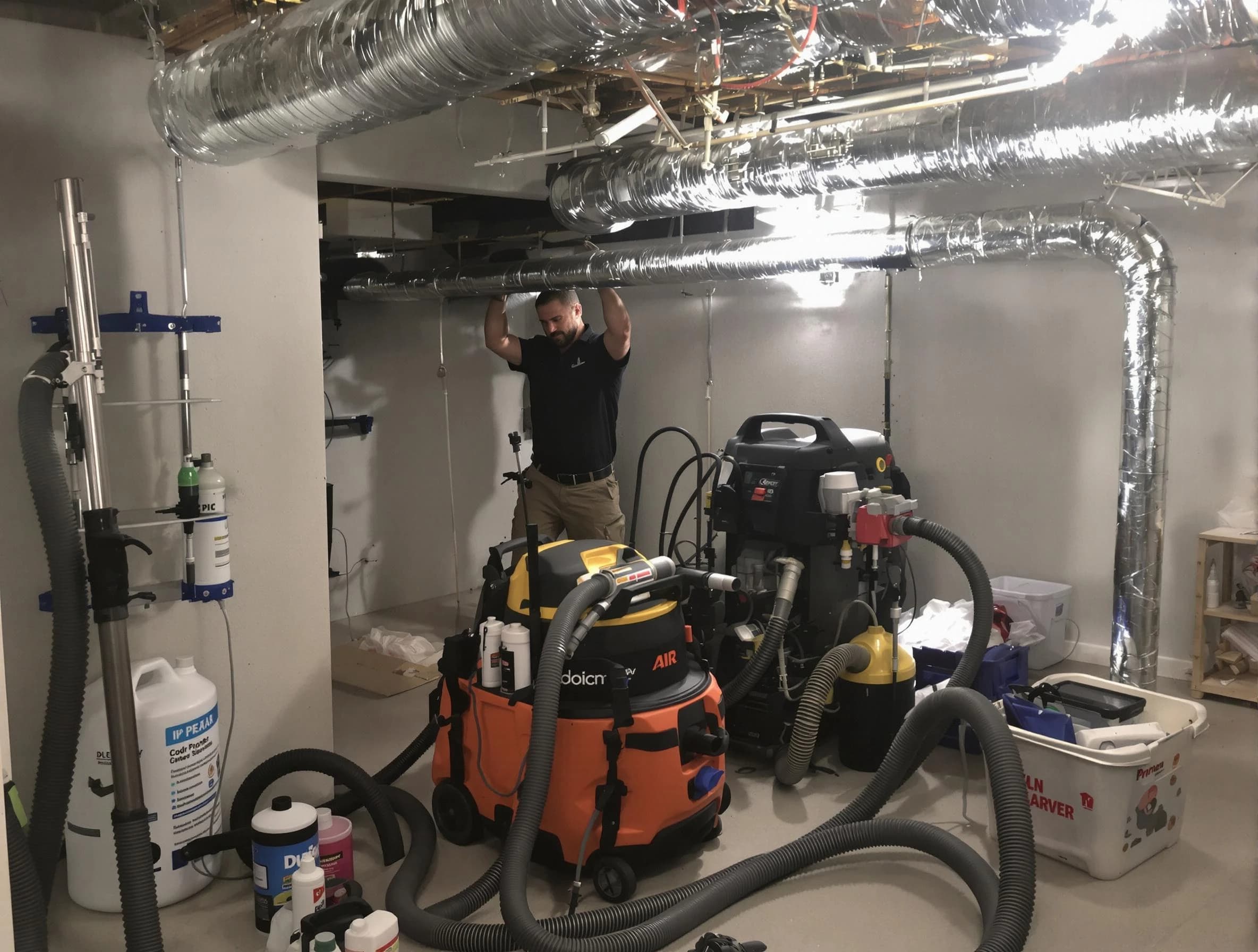 Peters Air Duct Cleaning specialist performing professional mold removal from air ducts using safety equipment in Peters