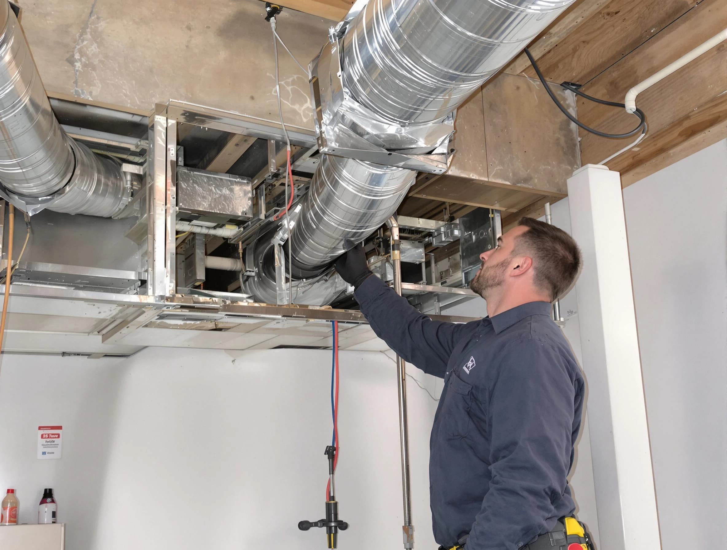 Peters Air Duct Cleaning technician performing professional air duct repair using specialized tools in Peters