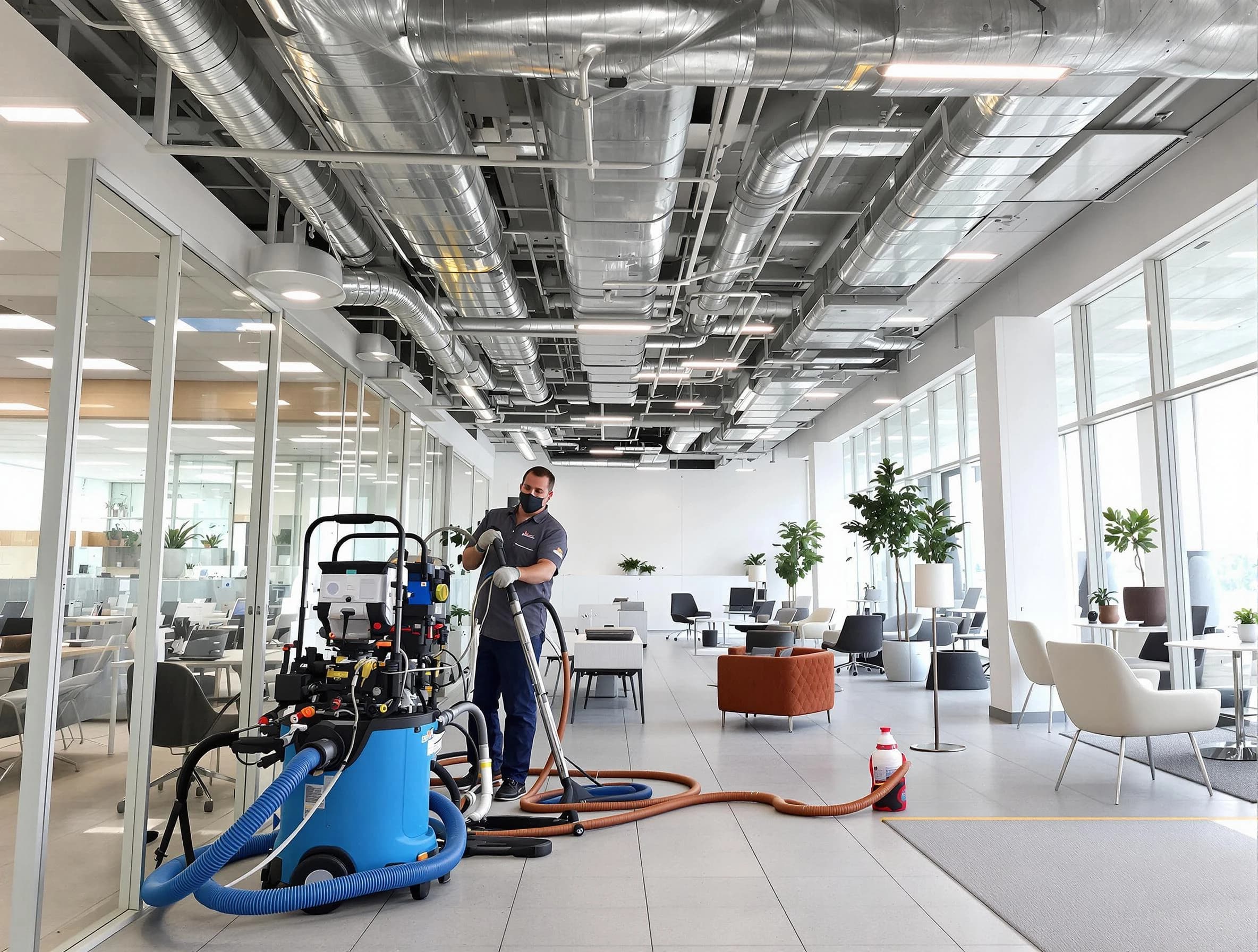 Peters Air Duct Cleaning team conducting comprehensive commercial duct cleaning at a business location in Peters