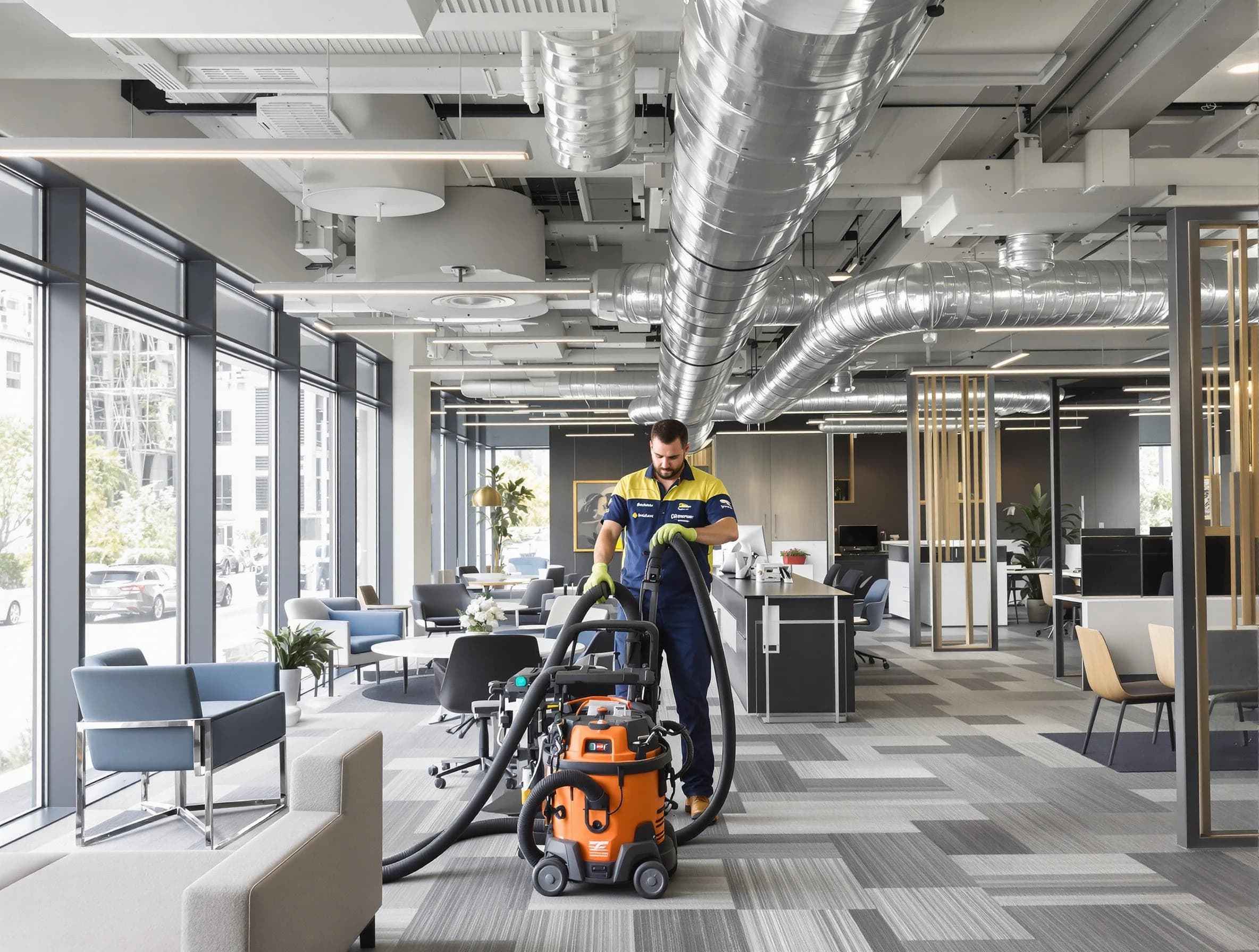 Peters Air Duct Cleaning team performing thorough commercial duct cleaning at a Peters business center